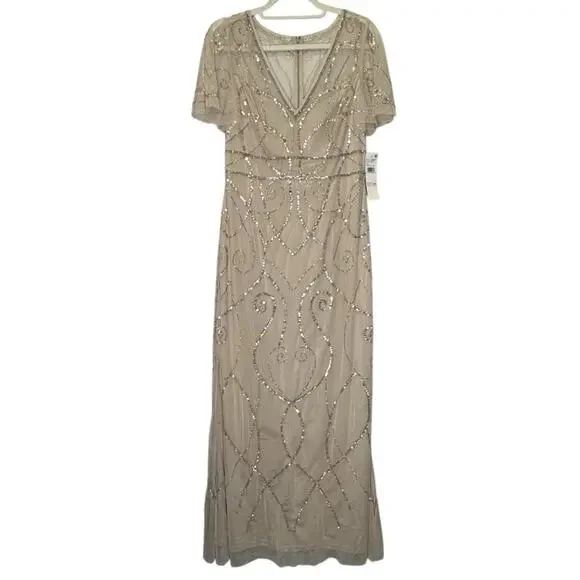 NWT Adrianna Papell Studio Beaded Sequin Long Gown Dress Biscotti Sz 12